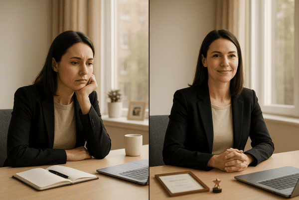 Professional woman sitting at a modern office desk, looking contemplative but determined. Natural lighting through large windows, warm tones. Split-screen composition showing her transformation from uncertain to confident. Minimalist, clean setting with personal touches like family photos and achievements on desk. Nordic/European appearance, business casual attire, age 30-40.