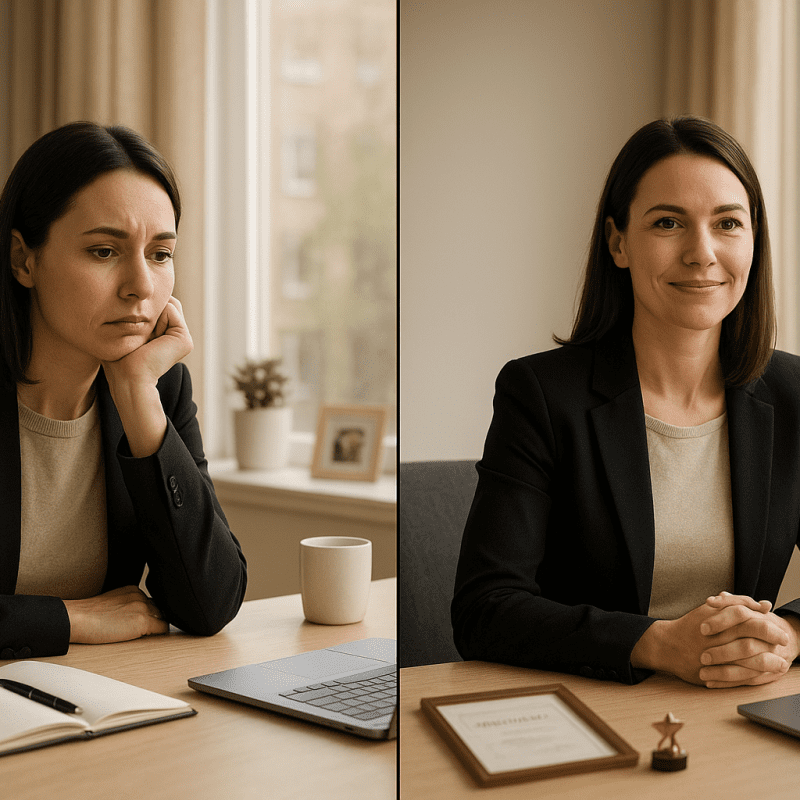 Professional woman sitting at a modern office desk, looking contemplative but determined. Natural lighting through large windows, warm tones. Split-screen composition showing her transformation from uncertain to confident. Minimalist, clean setting with personal touches like family photos and achievements on desk. Nordic/European appearance, business casual attire, age 30-40.