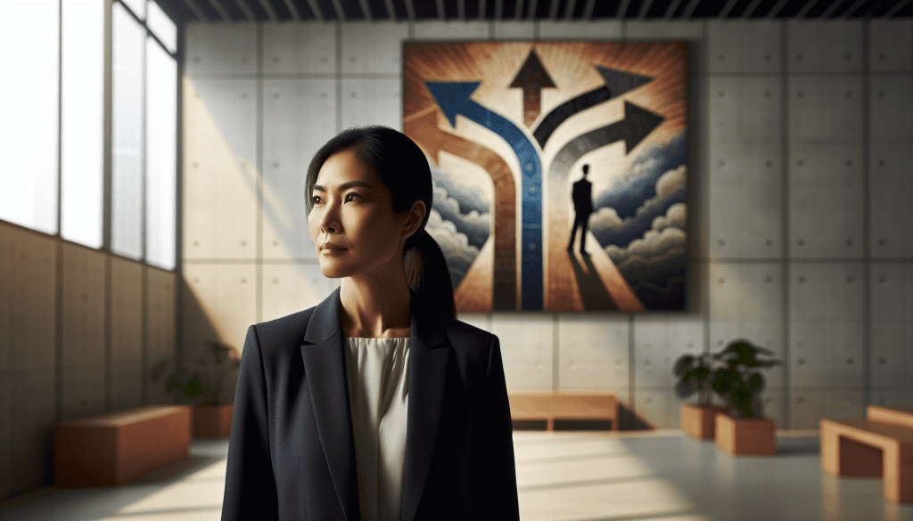 Professional office setting with a determined-looking person in business casual attire standing at a crossroads-themed modern art installation or wall mural, symbolizing career decisions. Natural lighting, muted corporate colors, and a thoughtful expression on the subject's face. The image should convey both challenge and opportunity.