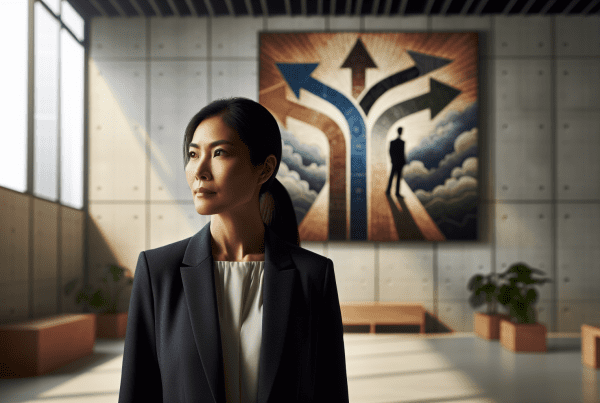 Professional office setting with a determined-looking person in business casual attire standing at a crossroads-themed modern art installation or wall mural, symbolizing career decisions. Natural lighting, muted corporate colors, and a thoughtful expression on the subject's face. The image should convey both challenge and opportunity.