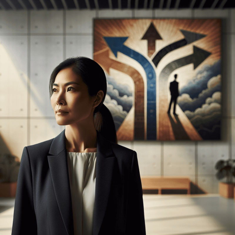 Professional office setting with a determined-looking person in business casual attire standing at a crossroads-themed modern art installation or wall mural, symbolizing career decisions. Natural lighting, muted corporate colors, and a thoughtful expression on the subject's face. The image should convey both challenge and opportunity.