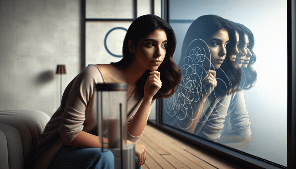 A thoughtful young woman sitting by a window, looking at her reflection showing multiple versions of herself in a minimalist, modern setting. Soft natural lighting, muted colors, and a contemplative atmosphere. Include subtle visual metaphors of cycles or patterns in the background.