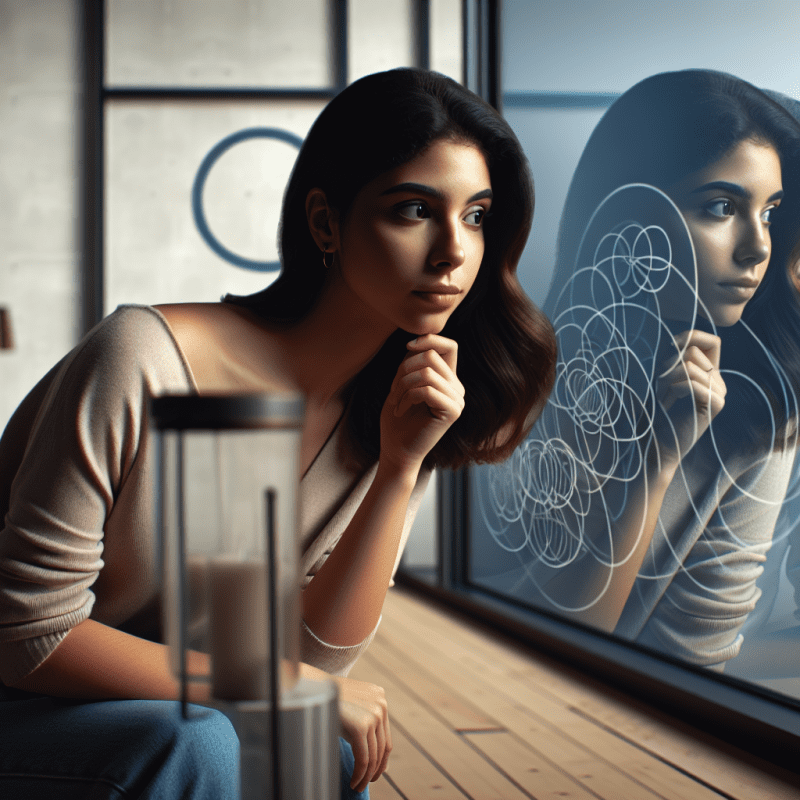 A thoughtful young woman sitting by a window, looking at her reflection showing multiple versions of herself in a minimalist, modern setting. Soft natural lighting, muted colors, and a contemplative atmosphere. Include subtle visual metaphors of cycles or patterns in the background.