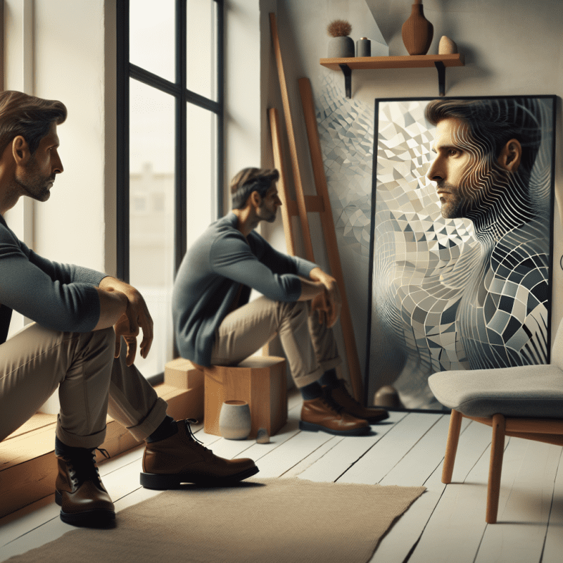 A contemplative person sitting by a window, looking at their reflection which shows multiple overlapping versions of themselves, symbolizing patterns and self-reflection. Soft natural lighting, modern minimalist interior, nordic design elements.