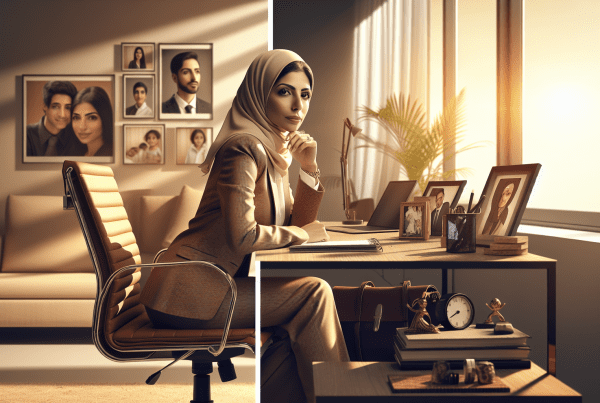 Professional woman sitting at a modern office desk, looking contemplative but determined. Natural lighting through large windows, warm tones. Split-screen composition showing her transformation from uncertain to confident. Minimalist, clean setting with personal touches like family photos and achievements on desk. Nordic/European appearance, business casual attire, age 30-40.