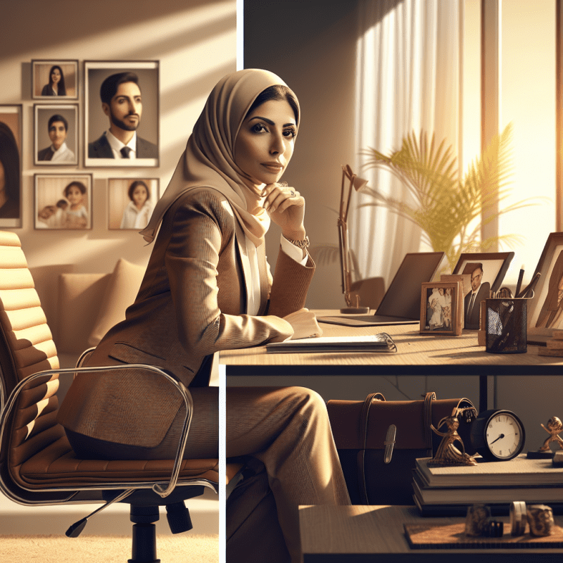 Professional woman sitting at a modern office desk, looking contemplative but determined. Natural lighting through large windows, warm tones. Split-screen composition showing her transformation from uncertain to confident. Minimalist, clean setting with personal touches like family photos and achievements on desk. Nordic/European appearance, business casual attire, age 30-40.