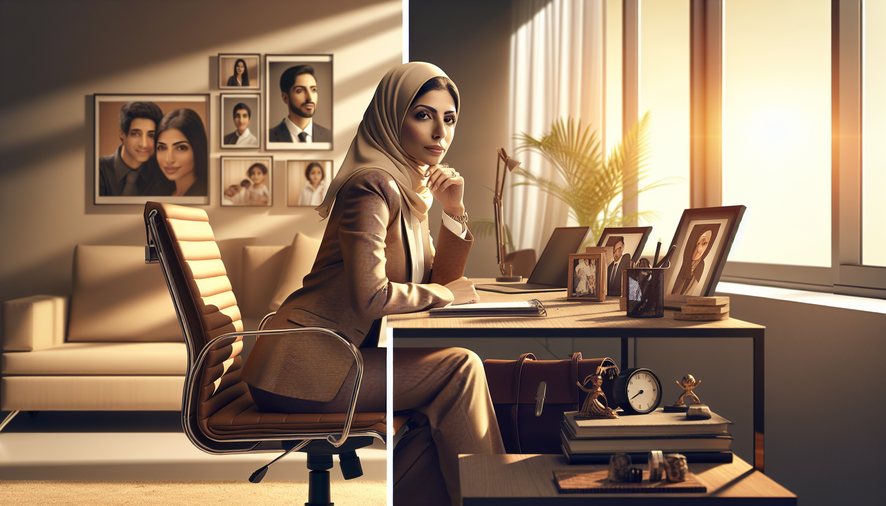 Professional woman sitting at a modern office desk, looking contemplative but determined. Natural lighting through large windows, warm tones. Split-screen composition showing her transformation from uncertain to confident. Minimalist, clean setting with personal touches like family photos and achievements on desk. Nordic/European appearance, business casual attire, age 30-40.
