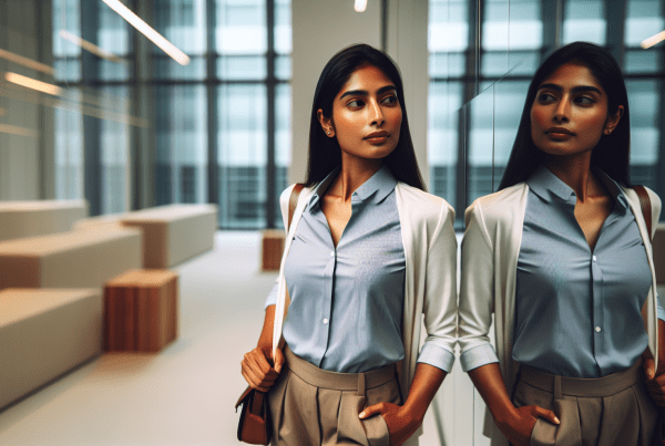 A professional woman in business casual attire standing confidently in a modern office setting, looking thoughtfully at her reflection in a glass wall. The reflection shows a stronger, more assured version of herself. Soft natural lighting, warm tones, and a clean, minimalist background. The image should convey both vulnerability and strength.