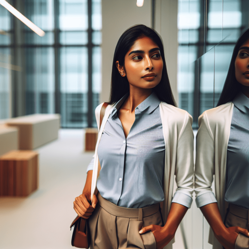 A professional woman in business casual attire standing confidently in a modern office setting, looking thoughtfully at her reflection in a glass wall. The reflection shows a stronger, more assured version of herself. Soft natural lighting, warm tones, and a clean, minimalist background. The image should convey both vulnerability and strength.