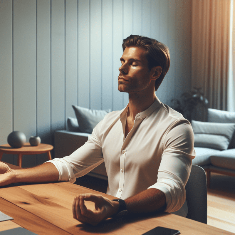 A calm, professional-looking Nordic person in their 30s practicing deep breathing exercises in a serene, minimalist home office setting. Natural lighting, muted colors, showing visible relief and relaxation on their face.