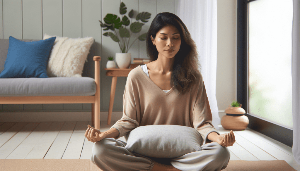 A calming scene showing a person practicing mindful breathing in a serene Nordic-style minimalist room with natural light. The person should appear relieved and in control, wearing casual comfortable clothing, with soft natural colors dominating the scene. Include elements like a meditation cushion and indoor plants to suggest a peaceful environment.