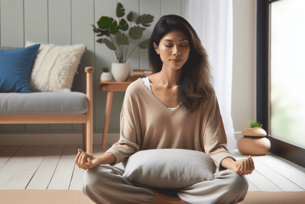 A calming scene showing a person practicing mindful breathing in a serene Nordic-style minimalist room with natural light. The person should appear relieved and in control, wearing casual comfortable clothing, with soft natural colors dominating the scene. Include elements like a meditation cushion and indoor plants to suggest a peaceful environment.