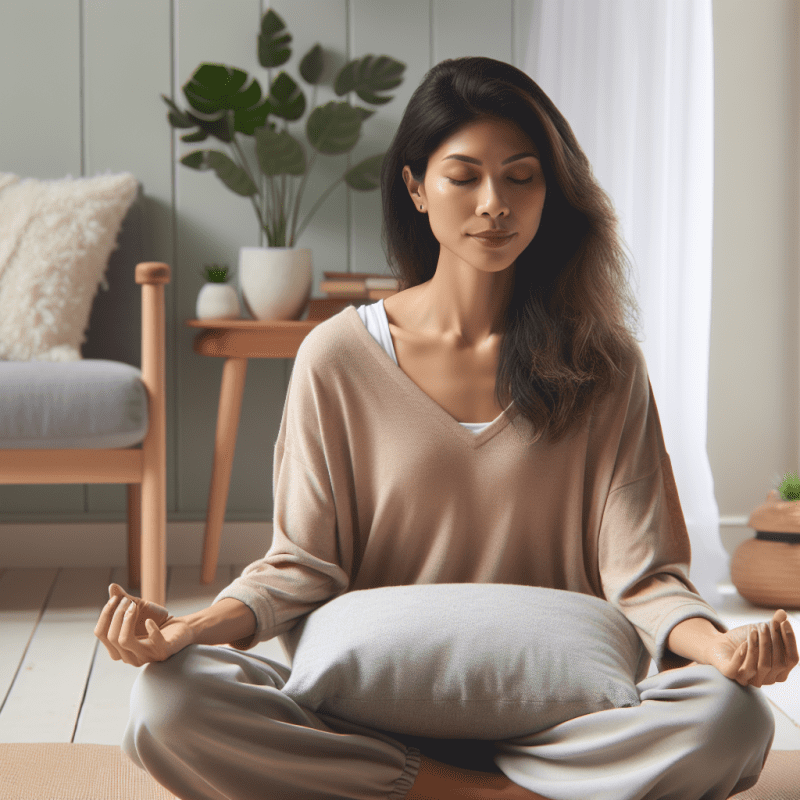 A calming scene showing a person practicing mindful breathing in a serene Nordic-style minimalist room with natural light. The person should appear relieved and in control, wearing casual comfortable clothing, with soft natural colors dominating the scene. Include elements like a meditation cushion and indoor plants to suggest a peaceful environment.