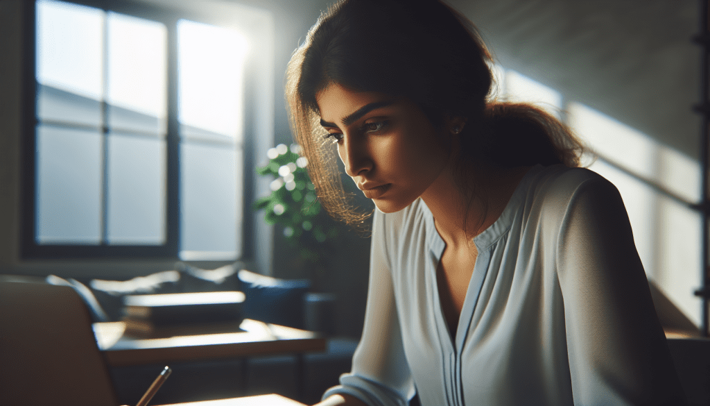 A determined young professional in a modern home office setting, looking focused and resilient. Natural lighting streams through a window, illuminating their thoughtful expression as they work on a challenging project. The scene should convey both determination and hope, with subtle visual elements representing progress and growth like a plant in the background and organized workspace.
