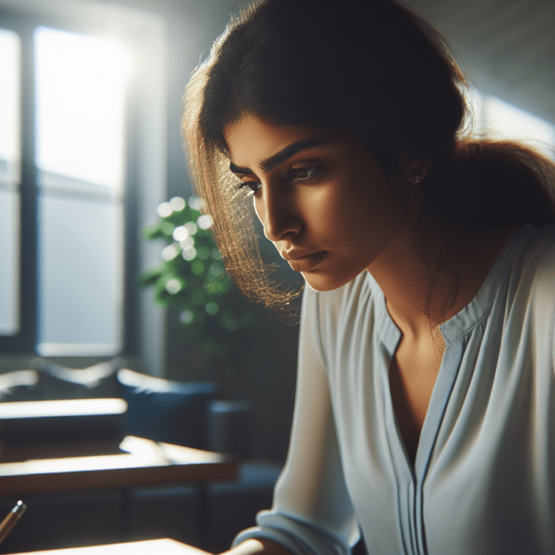 A determined young professional in a modern home office setting, looking focused and resilient. Natural lighting streams through a window, illuminating their thoughtful expression as they work on a challenging project. The scene should convey both determination and hope, with subtle visual elements representing progress and growth like a plant in the background and organized workspace.
