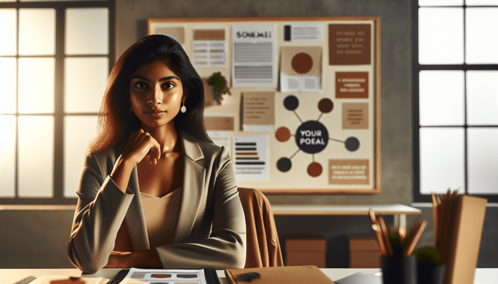 Professional office setting with a determined-looking person at their desk, gazing confidently at a vision board with goals and inspirational quotes. Warm, natural lighting, minimal modern workspace with motivational elements. The scene should convey resilience and focused determination.