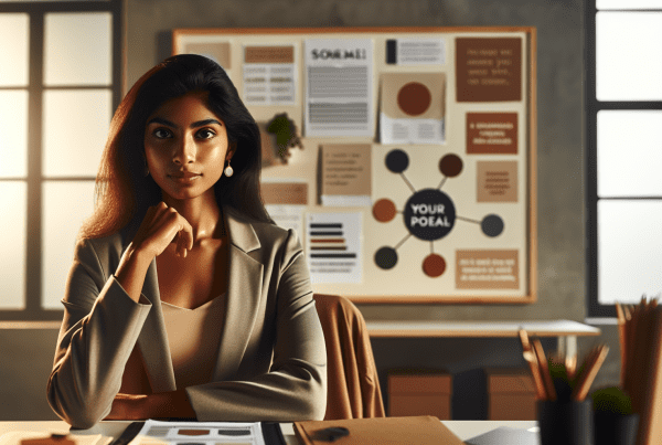 Professional office setting with a determined-looking person at their desk, gazing confidently at a vision board with goals and inspirational quotes. Warm, natural lighting, minimal modern workspace with motivational elements. The scene should convey resilience and focused determination.