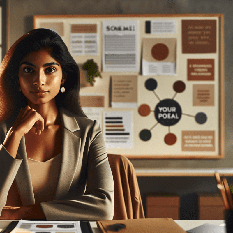 Professional office setting with a determined-looking person at their desk, gazing confidently at a vision board with goals and inspirational quotes. Warm, natural lighting, minimal modern workspace with motivational elements. The scene should convey resilience and focused determination.