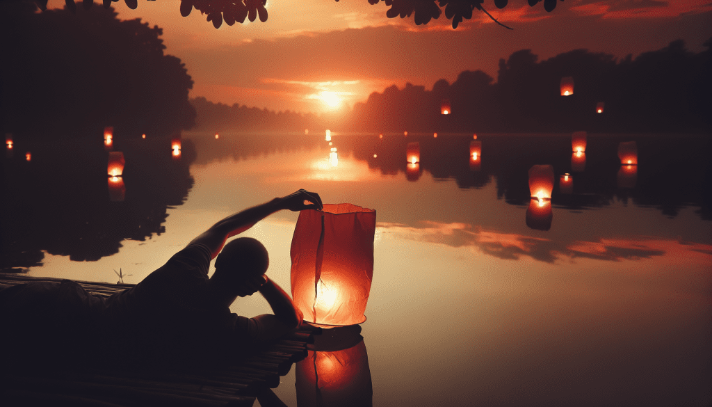 A serene, contemplative scene showing a person of northern European appearance sitting peacefully by a calm lake at sunset, releasing paper lanterns into the sky, symbolizing letting go. Soft, warm lighting, with a therapeutic and hopeful atmosphere.