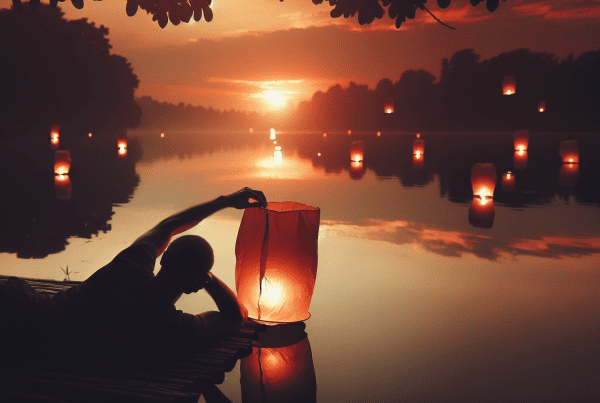 A serene, contemplative scene showing a person of northern European appearance sitting peacefully by a calm lake at sunset, releasing paper lanterns into the sky, symbolizing letting go. Soft, warm lighting, with a therapeutic and hopeful atmosphere.