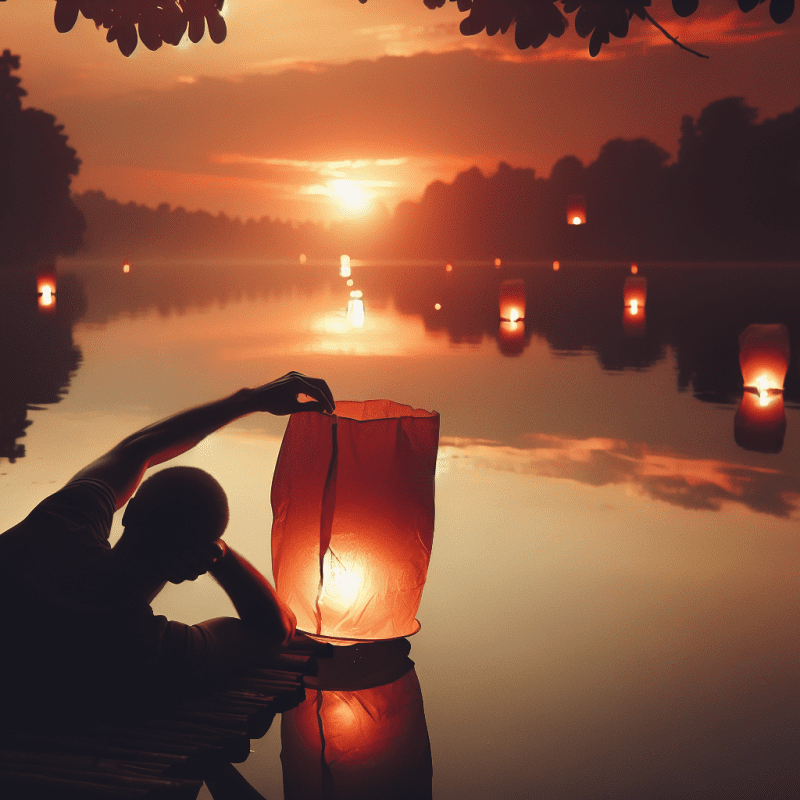 A serene, contemplative scene showing a person of northern European appearance sitting peacefully by a calm lake at sunset, releasing paper lanterns into the sky, symbolizing letting go. Soft, warm lighting, with a therapeutic and hopeful atmosphere.