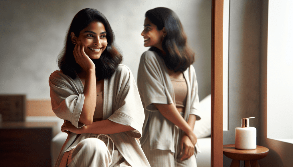 A serene, contemplative scene showing a young person in casual attire standing confidently in front of a mirror, with their reflection showing a warm, accepting smile. The setting should be a minimalist, well-lit room with soft natural lighting. The overall mood should convey self-acceptance and inner peace.