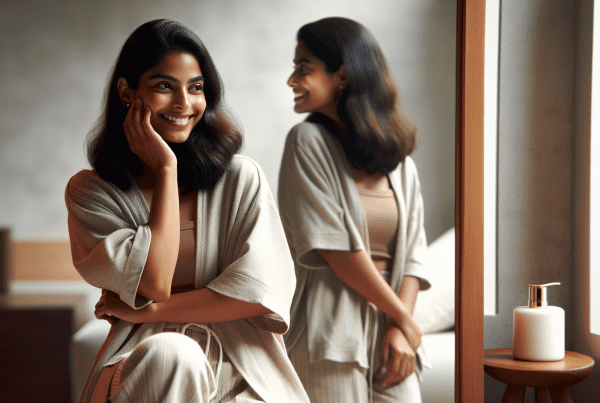 A serene, contemplative scene showing a young person in casual attire standing confidently in front of a mirror, with their reflection showing a warm, accepting smile. The setting should be a minimalist, well-lit room with soft natural lighting. The overall mood should convey self-acceptance and inner peace.