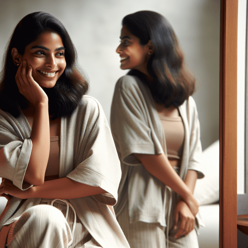 A serene, contemplative scene showing a young person in casual attire standing confidently in front of a mirror, with their reflection showing a warm, accepting smile. The setting should be a minimalist, well-lit room with soft natural lighting. The overall mood should convey self-acceptance and inner peace.