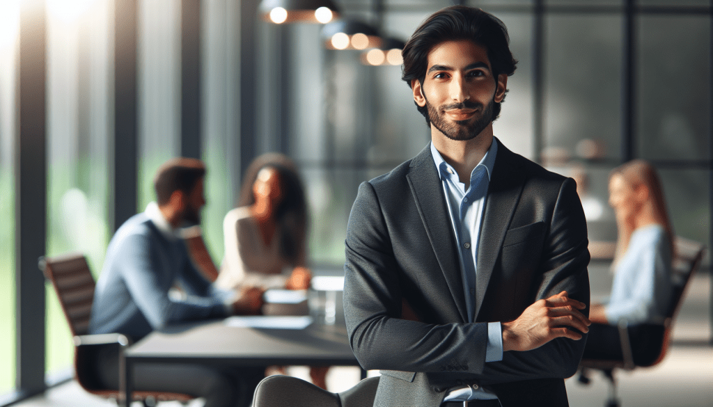 Professional leader in a modern office setting, standing confidently at a sleek conference table with a subtle, warm smile. Natural lighting, business casual attire, body language showing both authority and approachability. The scene should convey both competence and relatability, with soft bokeh background showing a team working together.