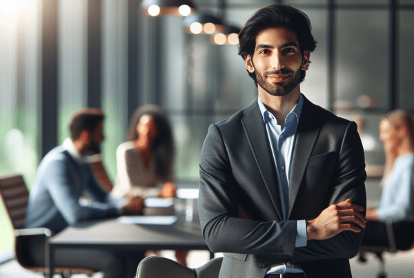 Professional leader in a modern office setting, standing confidently at a sleek conference table with a subtle, warm smile. Natural lighting, business casual attire, body language showing both authority and approachability. The scene should convey both competence and relatability, with soft bokeh background showing a team working together.
