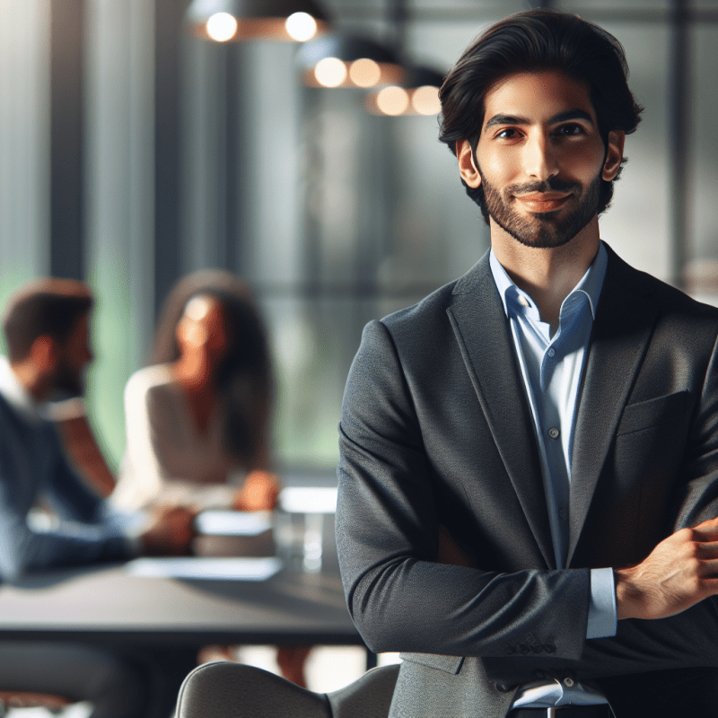 Professional leader in a modern office setting, standing confidently at a sleek conference table with a subtle, warm smile. Natural lighting, business casual attire, body language showing both authority and approachability. The scene should convey both competence and relatability, with soft bokeh background showing a team working together.
