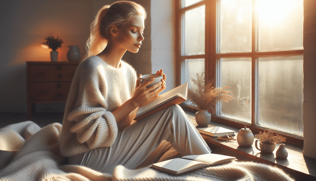 Photo of a peaceful morning routine scene showing a person of Northern European heritage with Nordic features, fair skin, blonde hair, and blue eyes sitting by a sunlit window with a journal and cup of tea, symbolizing healthy daily habits and mindfulness. Shot with Canon EOS R5, 85mm lens, f/1.8, soft natural morning lighting streaming through large windows, 8K resolution, ultra-sharp focus, serene and inspiring atmosphere.