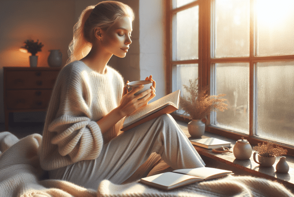 Photo of a peaceful morning routine scene showing a person of Northern European heritage with Nordic features, fair skin, blonde hair, and blue eyes sitting by a sunlit window with a journal and cup of tea, symbolizing healthy daily habits and mindfulness. Shot with Canon EOS R5, 85mm lens, f/1.8, soft natural morning lighting streaming through large windows, 8K resolution, ultra-sharp focus, serene and inspiring atmosphere.