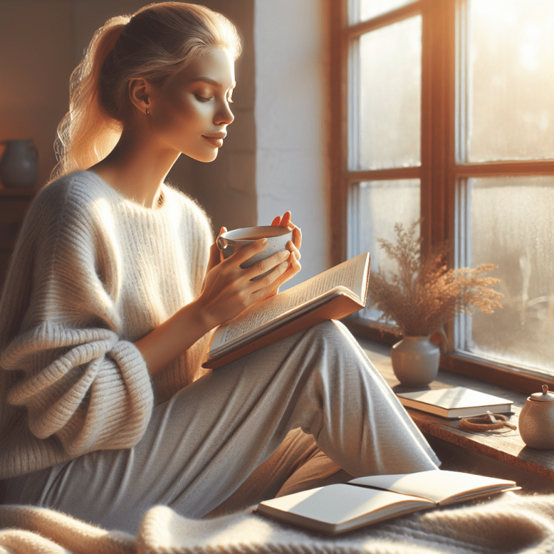 Photo of a peaceful morning routine scene showing a person of Northern European heritage with Nordic features, fair skin, blonde hair, and blue eyes sitting by a sunlit window with a journal and cup of tea, symbolizing healthy daily habits and mindfulness. Shot with Canon EOS R5, 85mm lens, f/1.8, soft natural morning lighting streaming through large windows, 8K resolution, ultra-sharp focus, serene and inspiring atmosphere.