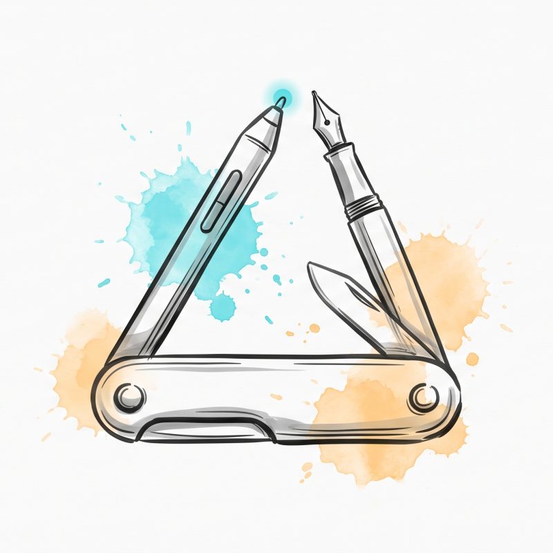 Hand-drawn ink illustration of a multi-tool opening into a digital stylus and a fountain pen side by side, symbolising AI and traditional career coaching as two tools for the same job