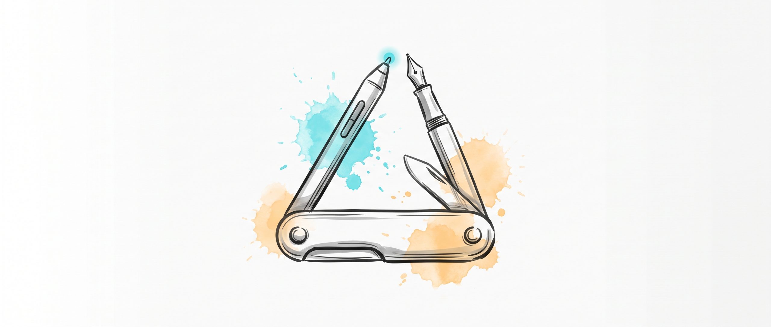 Hand-drawn ink illustration of a multi-tool opening into a digital stylus and a fountain pen side by side, symbolising AI and traditional career coaching as two tools for the same job