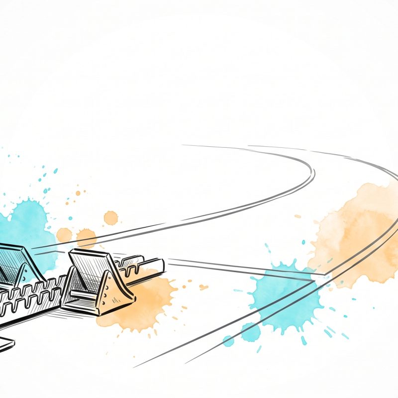 Hand-drawn editorial illustration of empty sprinter's starting blocks at the edge of a running track, with a single lane line sweeping forward into open space, in cyan and apricot watercolour — a metaphor for how the hardest part of beating procrastination is starting.