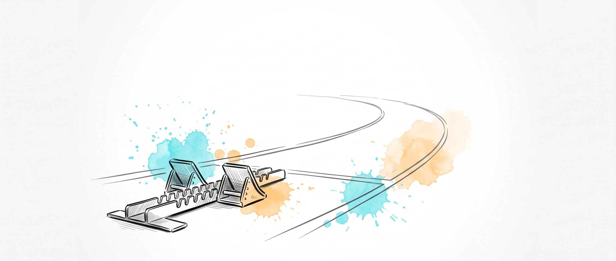 Hand-drawn editorial illustration of empty sprinter's starting blocks at the edge of a running track, with a single lane line sweeping forward into open space, in cyan and apricot watercolour — a metaphor for how the hardest part of beating procrastination is starting.