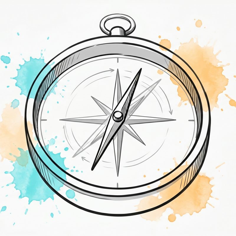 Hand-drawn ink illustration of a compass needle settling back to a steady bearing, with cyan and apricot watercolour splashes, symbolising career resilience