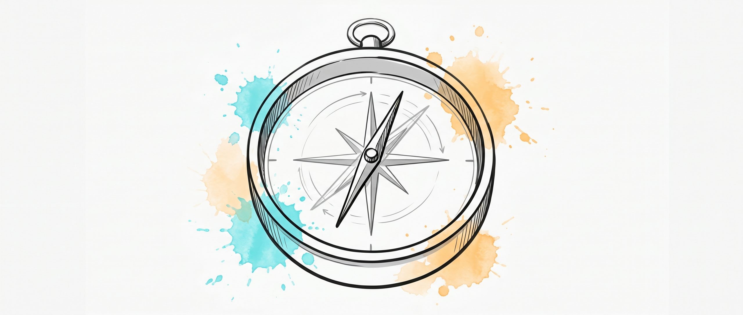 Hand-drawn ink illustration of a compass needle settling back to a steady bearing, with cyan and apricot watercolour splashes, symbolising career resilience