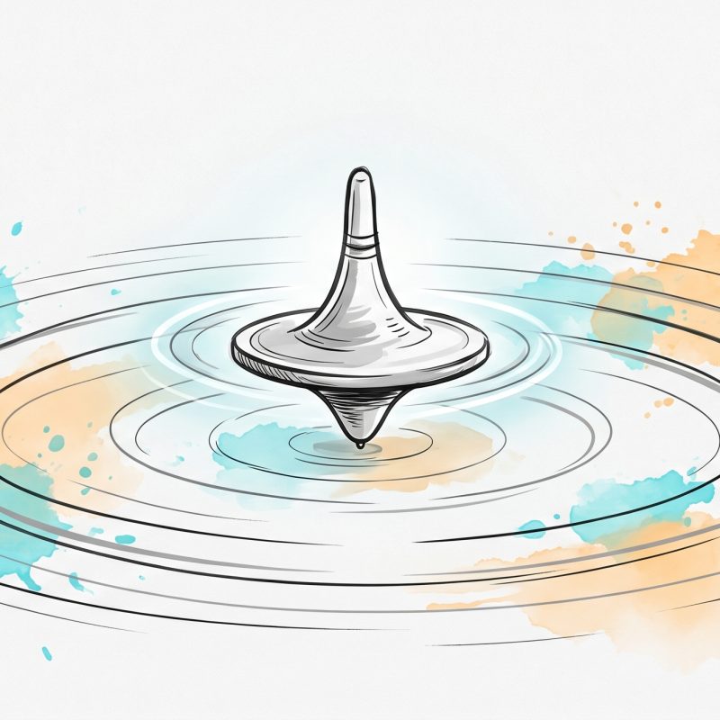 A balanced spinning top holding steady at the centre of calm concentric rings, in airy hand-drawn ink and cyan watercolour — meditation training the steady focus behind self-discipline