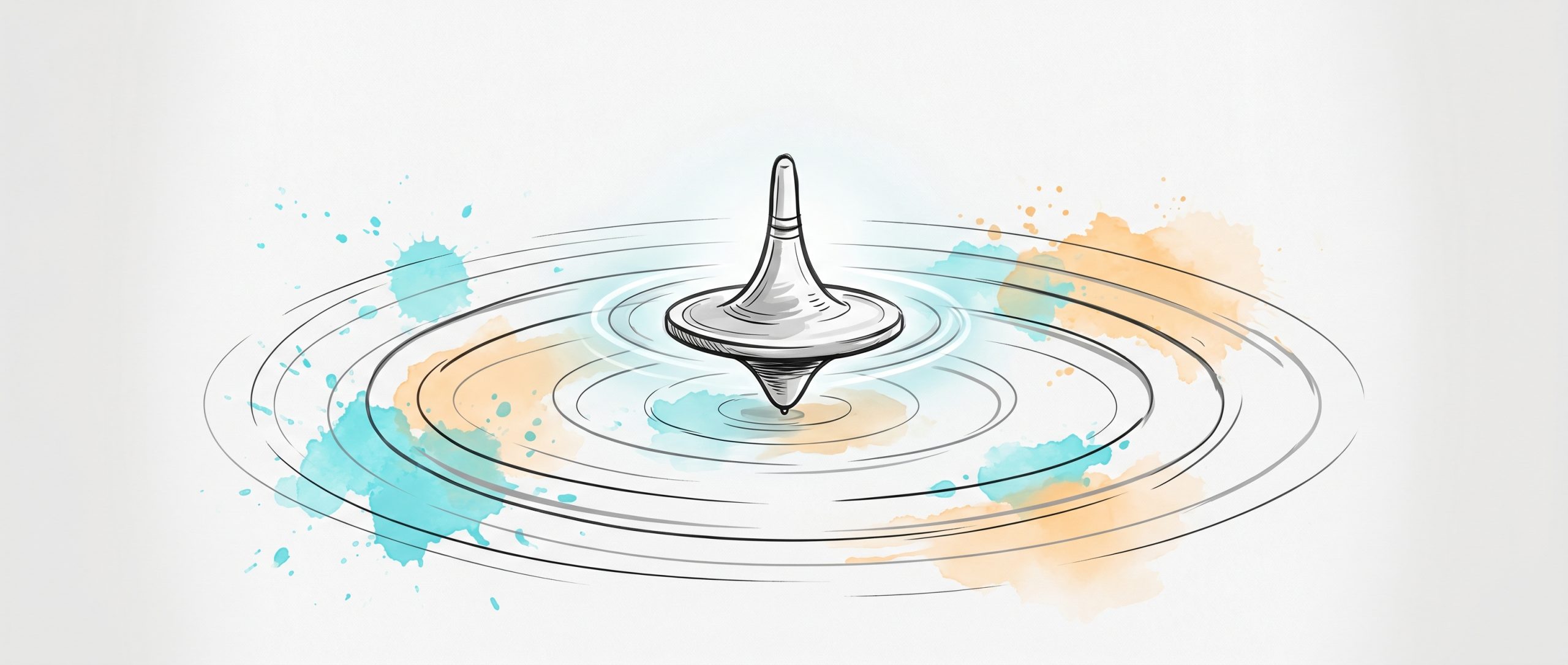 A balanced spinning top holding steady at the centre of calm concentric rings, in airy hand-drawn ink and cyan watercolour — meditation training the steady focus behind self-discipline