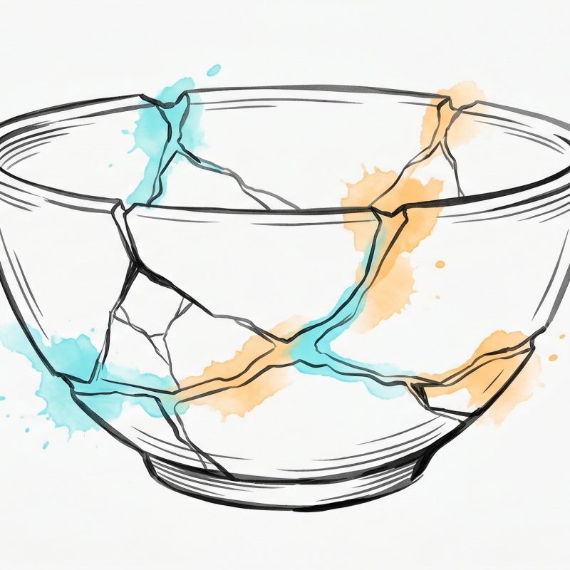 A hand-drawn ceramic bowl, once broken, mended kintsugi-style with flowing cyan and apricot seams along its repaired cracks — a metaphor for reframing failure into something stronger.