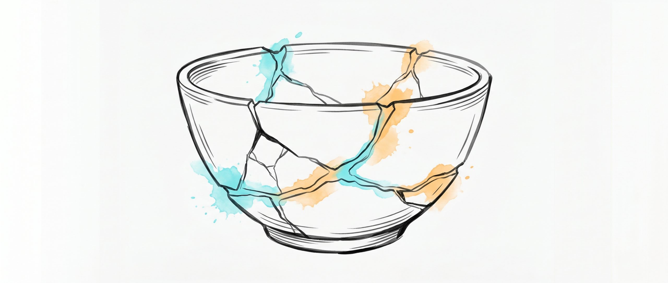 A hand-drawn ceramic bowl, once broken, mended kintsugi-style with flowing cyan and apricot seams along its repaired cracks — a metaphor for reframing failure into something stronger.