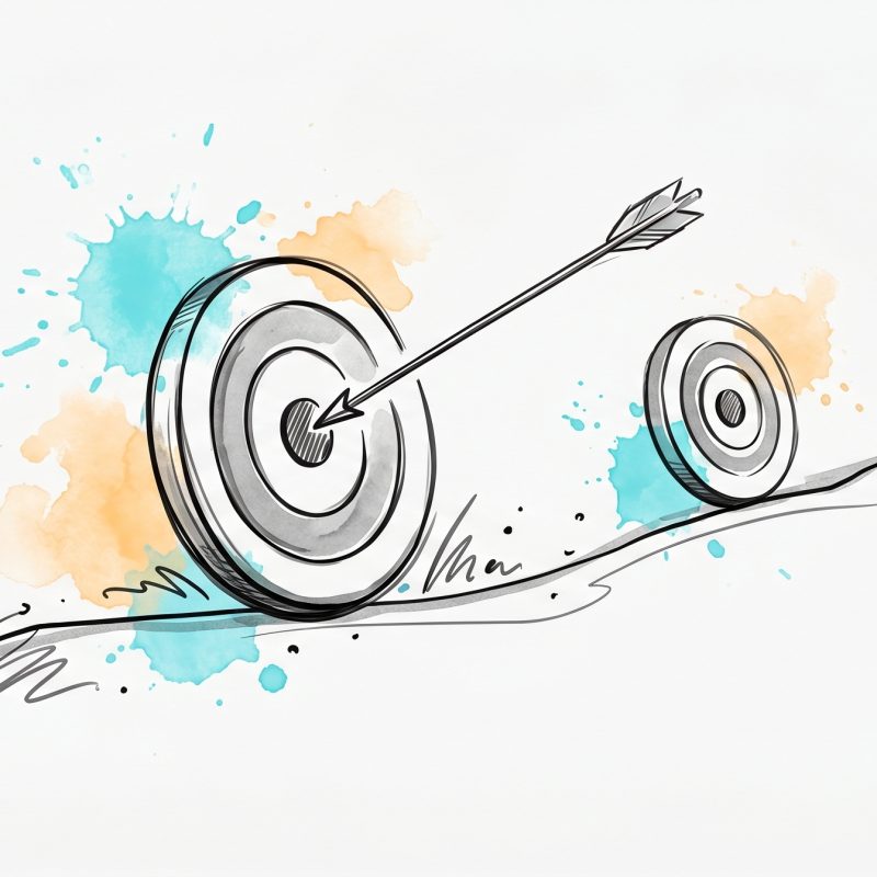 Hand-drawn ink illustration of a row of concentric archery targets receding along a rising path with an arrow striking the nearest bullseye, symbolising setting clear specific career goals that step toward a longer-term aim