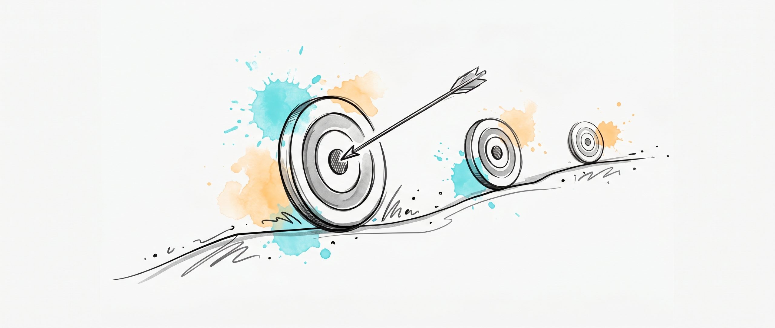 Hand-drawn ink illustration of a row of concentric archery targets receding along a rising path with an arrow striking the nearest bullseye, symbolising setting clear specific career goals that step toward a longer-term aim