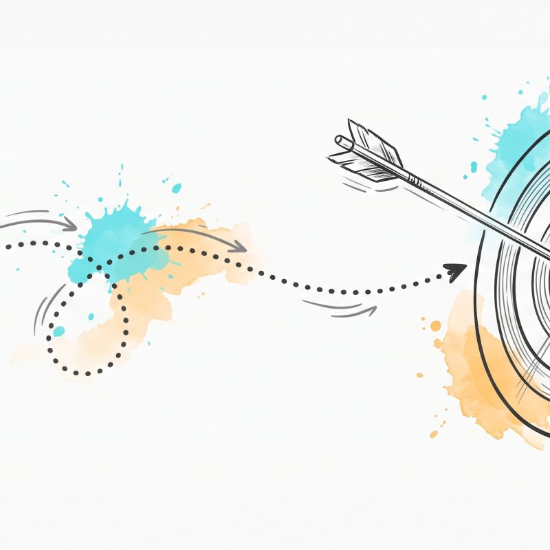 Hand-drawn ink illustration of an arrow finding the bullseye of an archery target, its dotted flight path curving and course-correcting toward the centre, with cyan and apricot watercolour splashes — aiming at a specific, well-defined goal with feedback