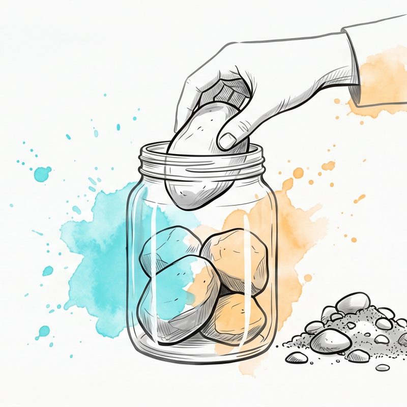Hand placing a large rock into a glass jar holding other big rocks, with smaller pebbles and sand waiting beside it — the big-rocks-first idea for prioritizing important tasks