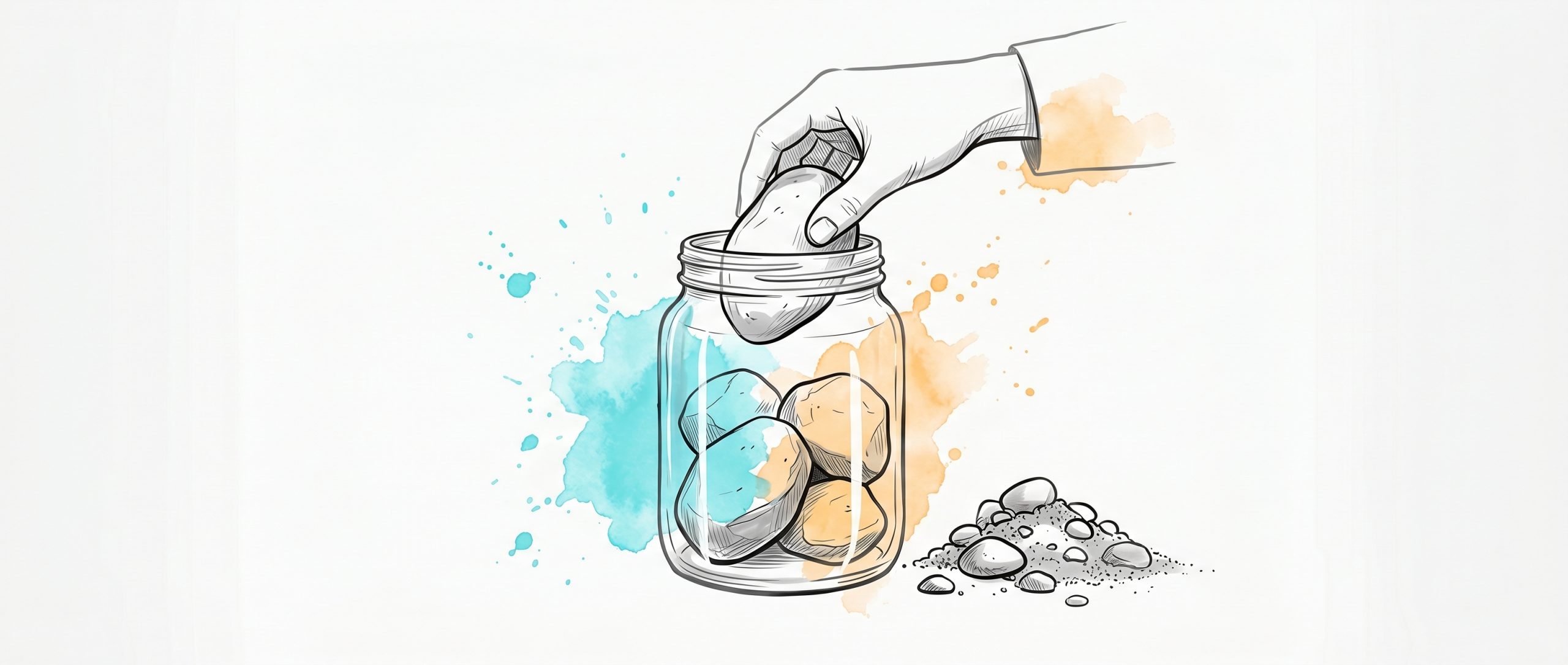 Hand placing a large rock into a glass jar holding other big rocks, with smaller pebbles and sand waiting beside it — the big-rocks-first idea for prioritizing important tasks