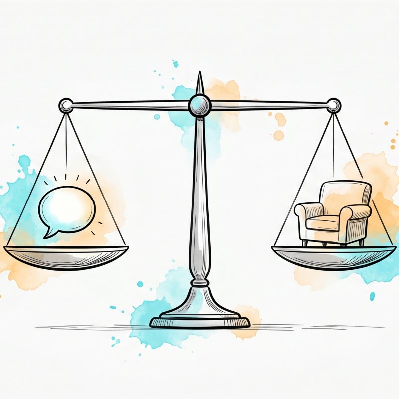 Hand-drawn illustration of a balanced weighing scale holding a glowing chat speech-bubble on one side and an empty therapy armchair on the other, symbolizing AI therapy and human therapy in balance.